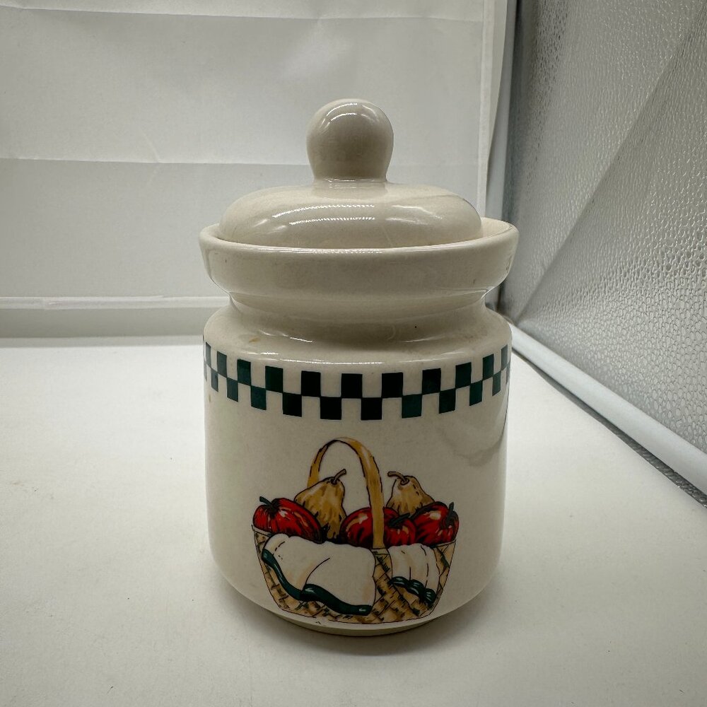 Vintage Gibson Canister Large Welcome Home Basket Fruits w/ Lid Green white